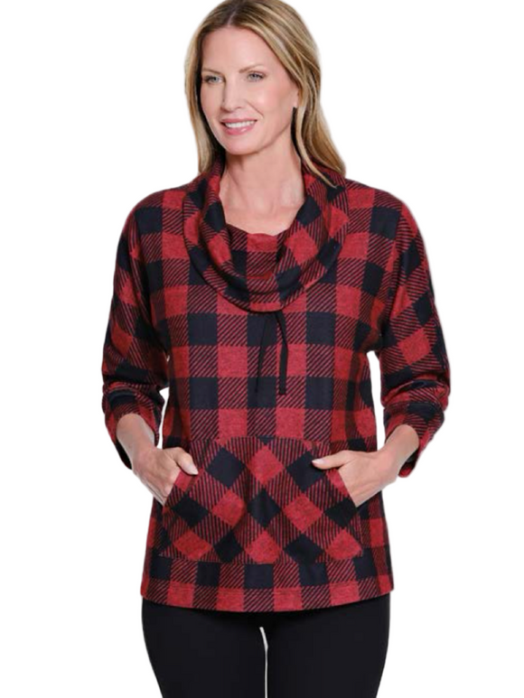 Red/Black Buffalo Plaid, Cowl Neck, 3/4 Sleeve, Front Pocket Tunic Top by Multiples.