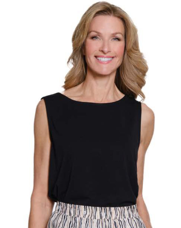 Black Hi Neck Tank Top by Multiples.