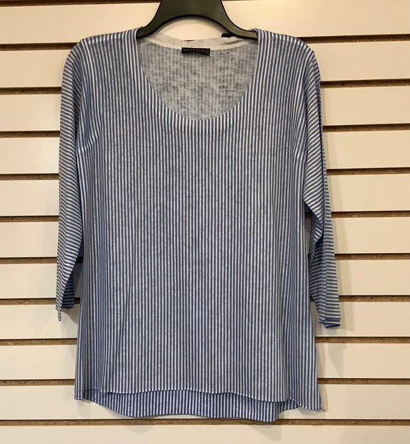 Ocean Blue/White Stripe, Round Neck, 3/4 Sleeve Shirt by Nallie and Millie.