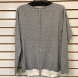 Grey Sweater w/ Cream Trim on Hem and Front Pockets. Back has Center Placket w/Small Rhinestone Hearts by Orly.