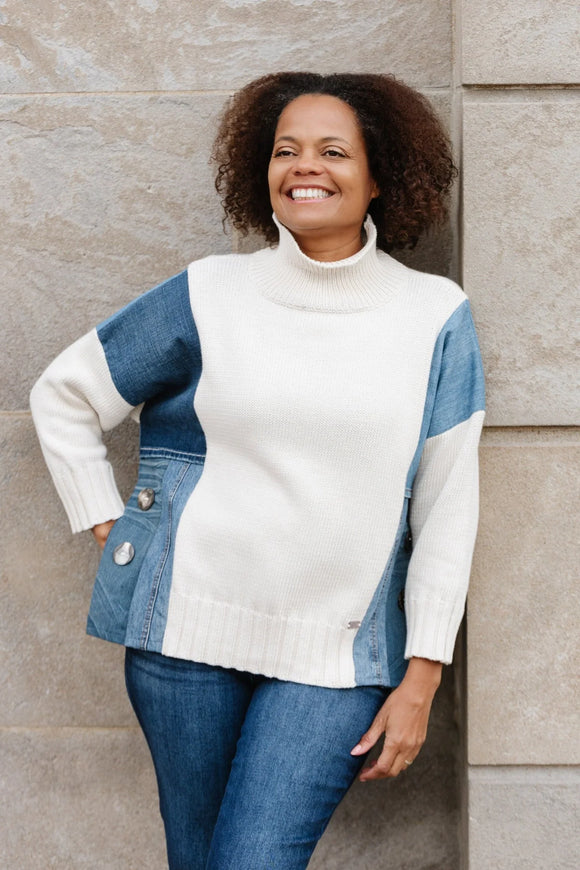 Cream Knit, High Neck Sweater w/Blue Denim Side Trim by Shannon Passero.