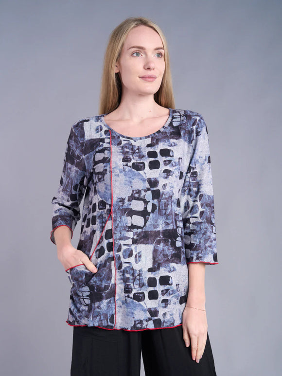 Black, Grey, Blue Scatter Pattern w/Red Trim and Side Pocket, 3/4 Sleeve, Round Neck Top by Shana.