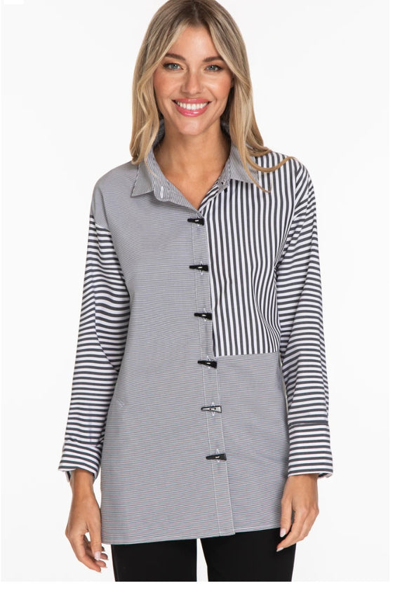White/Black Multi-Striped, Button Front, 3/4 Sleeve Tunic Length Blouse by Multiples.