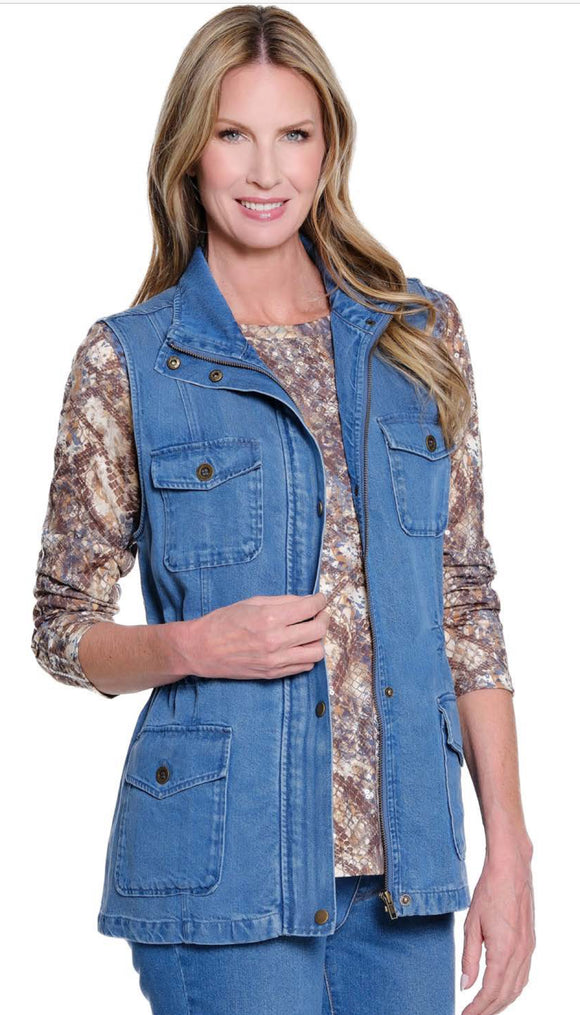 Denim Snap and Hidden Zipper Front, Drawstring Waist Vest by Multiples.