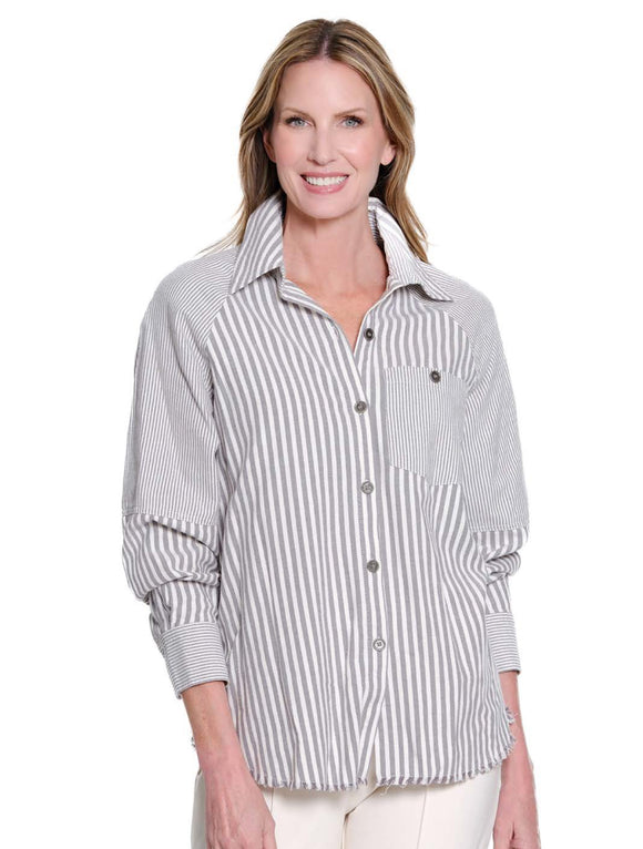 Winter White/Grey Multiple Stripes Pattern, Long Raglan Sleeve,  Button Front Blouse by Multiples.