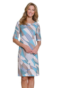 Blue,Taupe,Cream and Aqua Graphic Design, Round Neck A-Line Dress w/Side Pockets by Multiples.