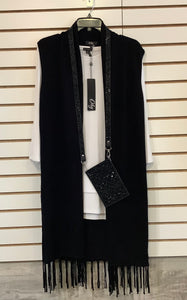 Black Knit Long Vest w/Fringe by Orly.