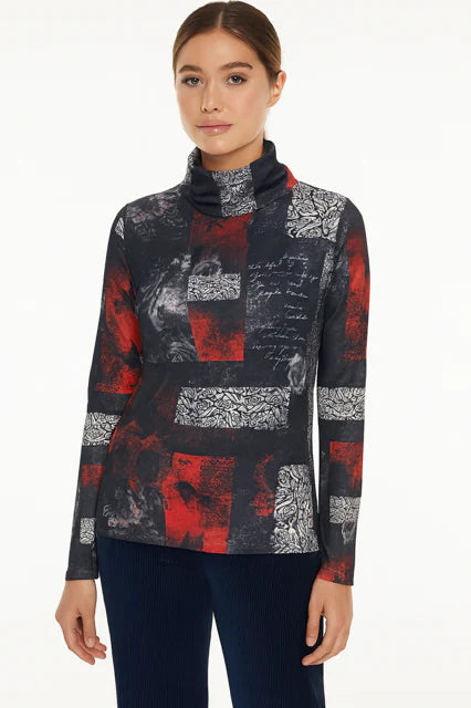 Black/Grey/Red Graphic Print Reversible to Red/Black Animal Print, Long Sleeve, Cowl Neck Tunic by Orly.