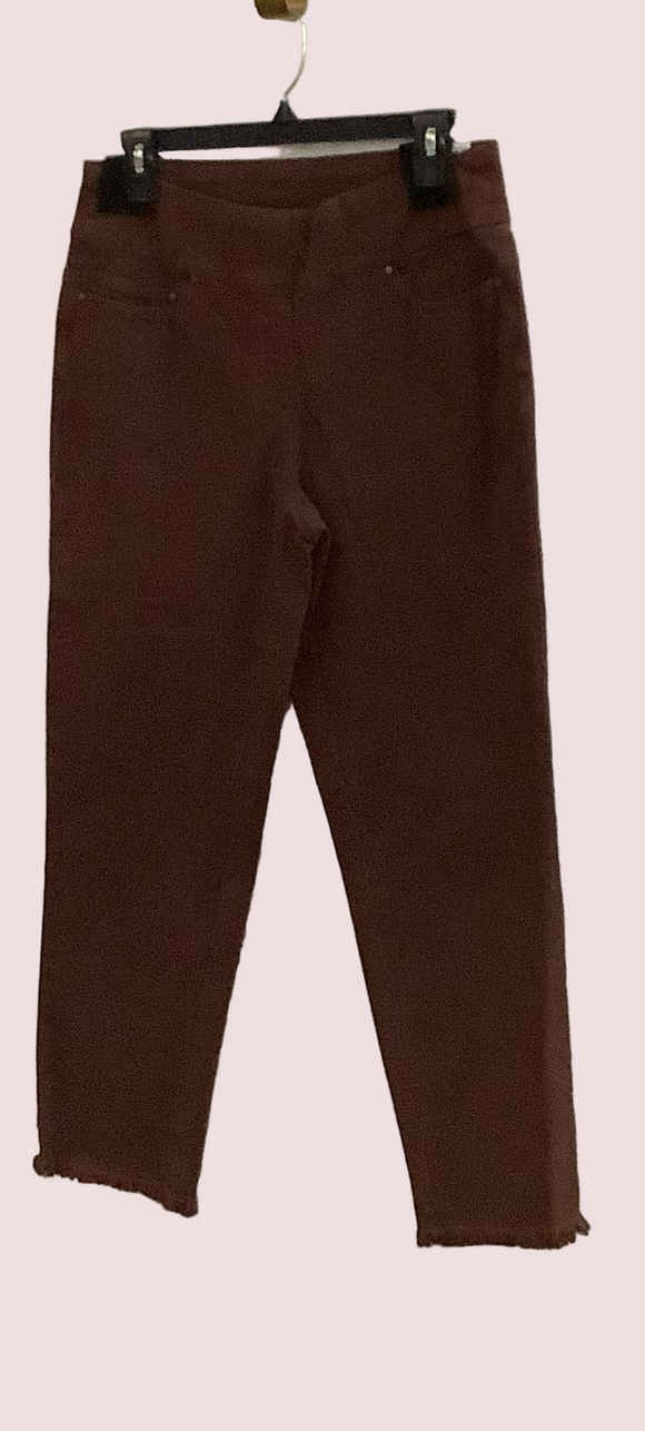 Slimsation Chocolate Pull-On Jeans w/Real Front Pockets and Rear Pockets and Fringe Hem by Multiples.