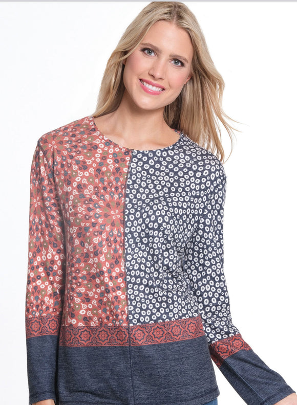 Cinnamon/Blue Multi-Colored Block Print, Long Sleeve, Scoop Neck Knit Top by Multiples.