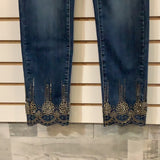 Dark Stretch Denim Jeans with Soft Gold Bling and Gold Stitching on Hem of Legs by Orly.