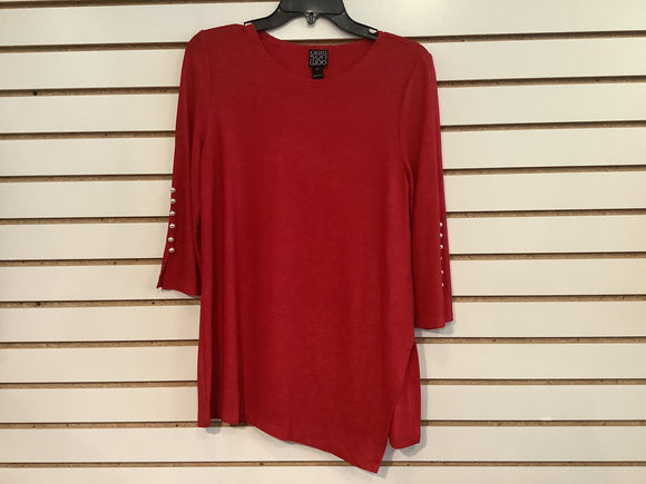 Red Shimmer Round Neck Tunic, 3/4 Sleeve w/Pearl Button Trim by Clara Sun Woo. Made in the USA.