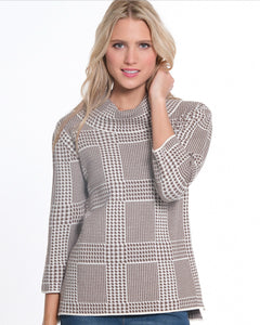 White/Dark Taupe Checker Board Print, Cowl Neck, 3/4 Sleeve Sweater by Multiples.