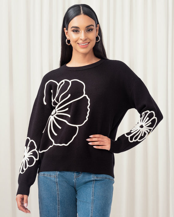 Black Round Neck Sweater With Stunning White Large Flower on Front and Long Sleeves by Elena Wang.