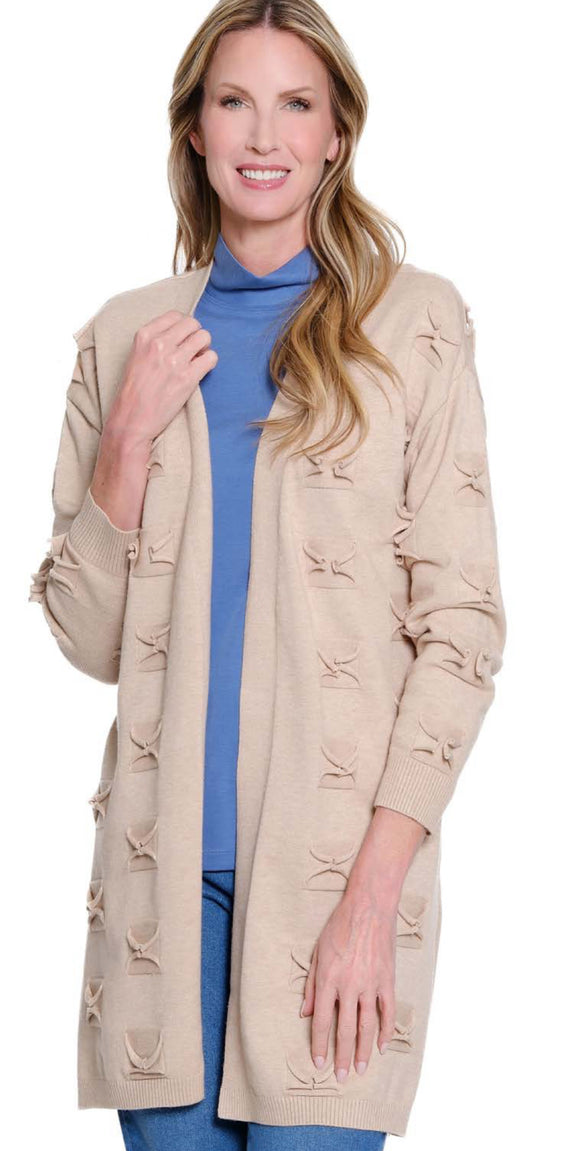 Oatmeal Long Sleeve, Shawl Collar Open Front Cardigan Sweater by Multiples .
