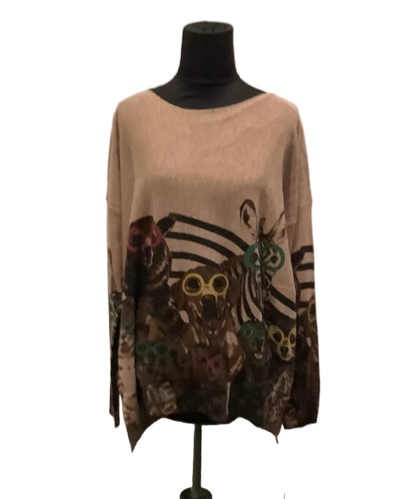 Beige Sweater w/ Cute Zoo Animals Wearing Glasses, Dolman Sleeve, Round Neck by Shana.