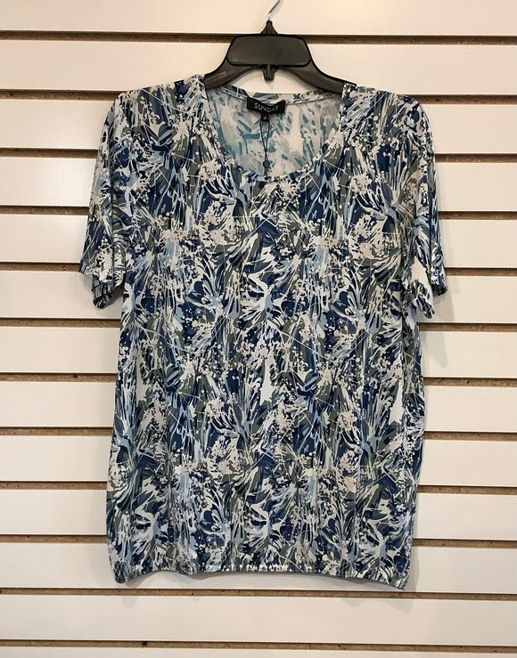 Blue/White/Green Round Neck, Floral Abstract, Short Sleeve Top w/Elastic Bottom by Sunday.