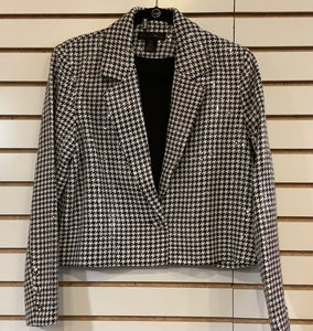 Black/Cream Houndstooth One Button, Short Jacket w/Silver Subtle Sparkle by Elena Wang.