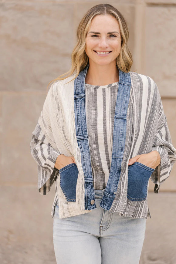 Cream w/ Denim Stripe Cardigan and Denim Trim by Shannon Passero