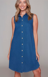 Blue Denim, Button Front, Sleeveless Dress, with Button Detailing on Back by Compli K.