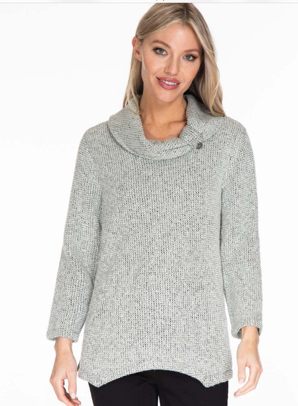 Grey Cowl Neck, Raglan 3/4 Sleeve Tunic with Contrasting Shirt Trim on Cuffs and Hem by Multiples.