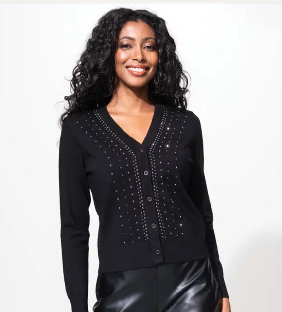 Black V-Neck Sweater with Rhinestones Down the Front by Alison Sheri.