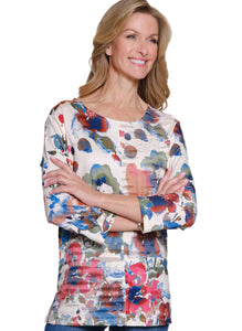 Cream with Navy, Green, Rust Floral Abstract Pattern, Round Neck, 3/4 Sleeve Top by Multiples.