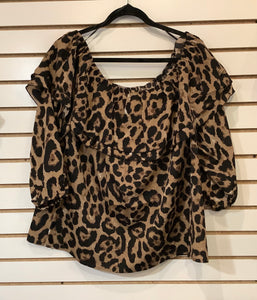 Brown/Black Animal Print Top with Oversized Ruffle Collar by Coco + Carmen