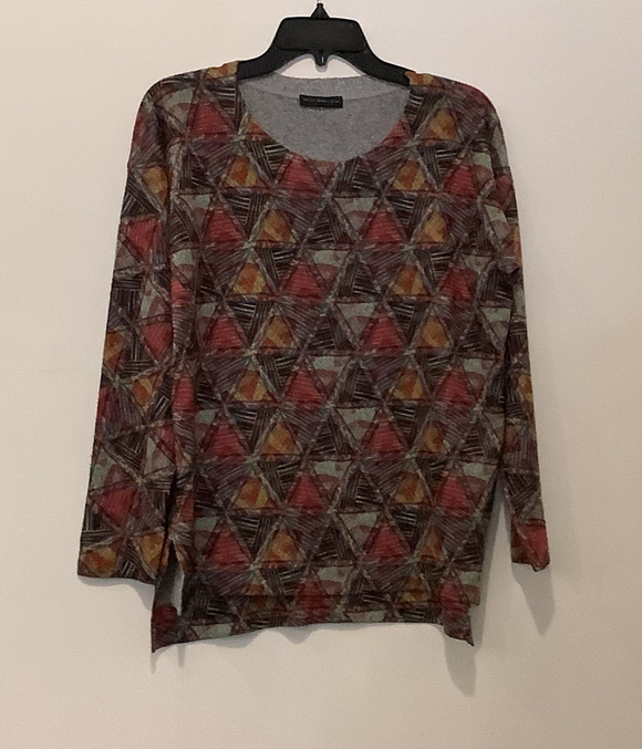 Multi-Colored, Green, Rose, Gold Floral Print, Scoop Neck, Long Sleeve Brushed Knit Top w/Hi Lo Hem by Nallie and Millie.