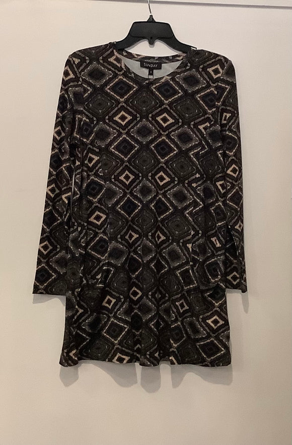 Tan, Brown and Denim  Round Neck, Long Sleeve, Graphic Print Tunic by Sunday.