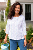 White Round Neck Bistro Top w/Multi-Colored Embroidered Design and Back Buttons, 3/4 Sleeve by Habitat.