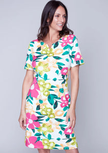 Fuchsia Multi-Colored Floral Print, Short Sleeve Dress w/Side Slits by Carre Noir.