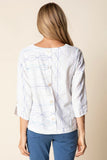 White Round Neck Bistro Top w/Multi-Colored Embroidered Design and Back Buttons, 3/4 Sleeve by Habitat.