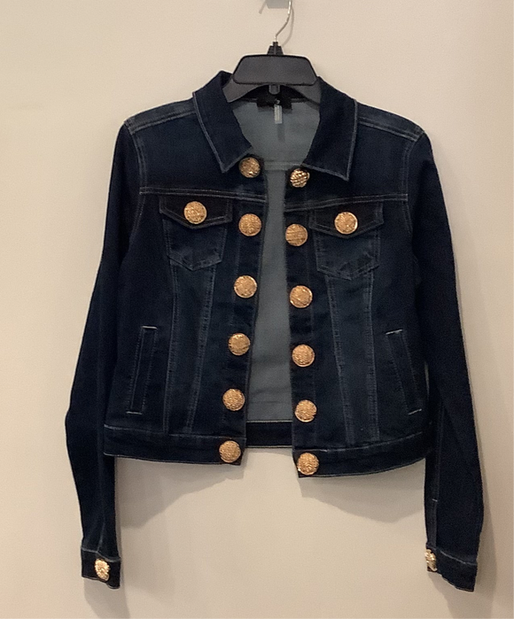 Dark Blue Denim Open Front Jacket w/Gold Button Detail on Front and Pockets by Orly.
