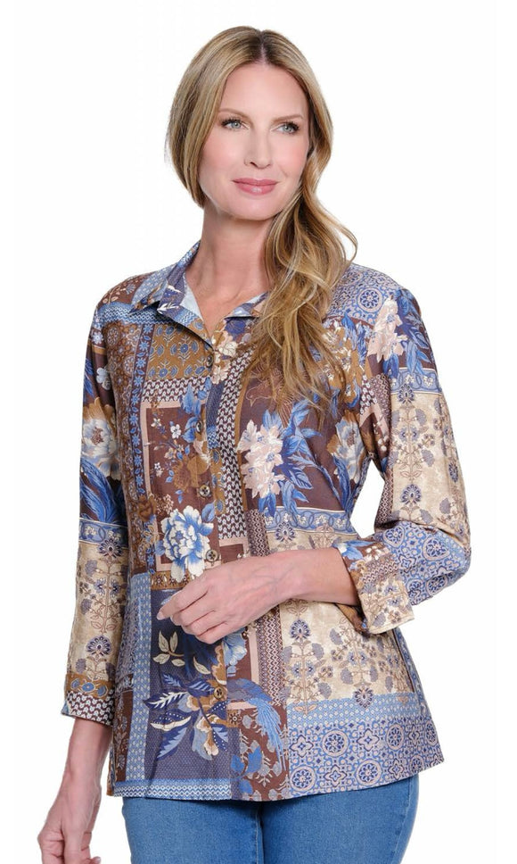 Brown, Gold, Blue Multi-Print Button Front Blouse w/Turn-Up Cuff Sleeves by Multiples.
