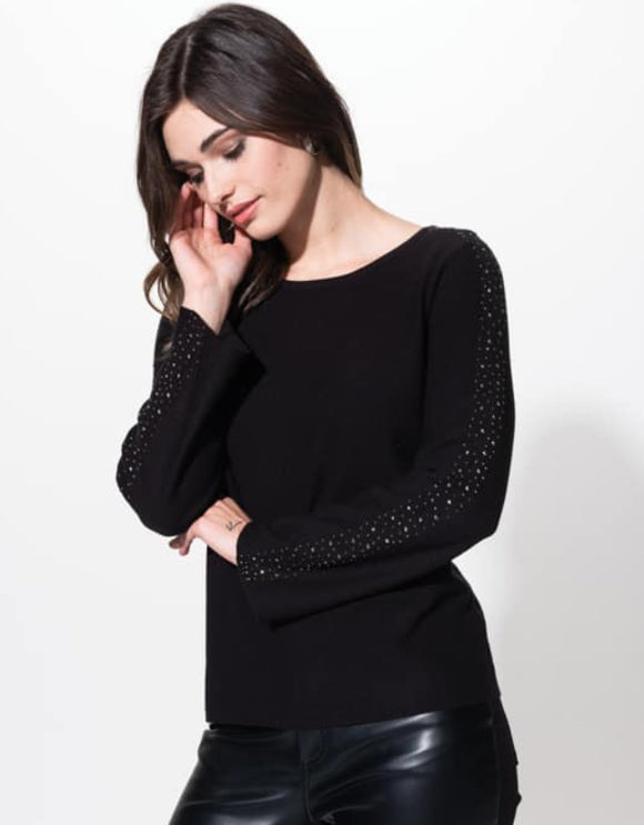 Black Round Neck Sweater with Rhinestones Down the Top of the Sleeve by Alison Sheri.