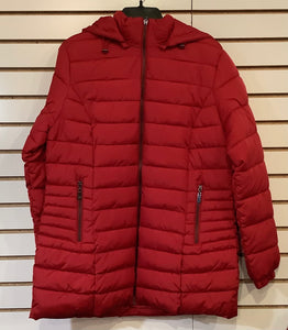 Red Quilted, Mid Length Hooded Jacket w/Zipper Pockets by Sunday