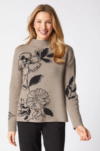 Driftwood w/Black Floral Pattern, Mock Turtleneck,  Long Sleeve Sweater by Habitat.