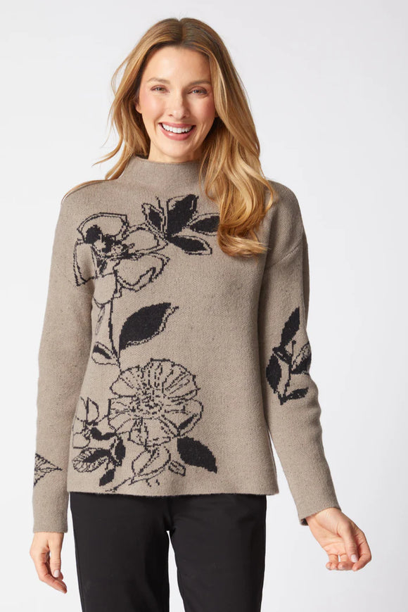 Driftwood w/Black Floral Pattern, Mock Turtleneck,  Long Sleeve Sweater by Habitat.