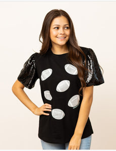 Black Round Neck, Sequined Short Sleeve Knit Top with Silver Sparkling Footballs by Southern Grace.