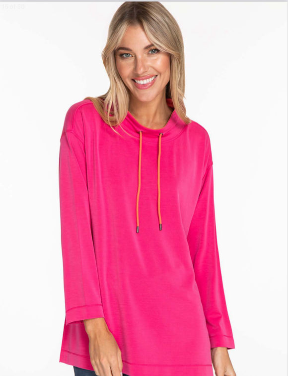 Fuchsia Mock Neck Draw String Collar, w/Drop Shoulder 3/4 Sleeve Top by Multiples.