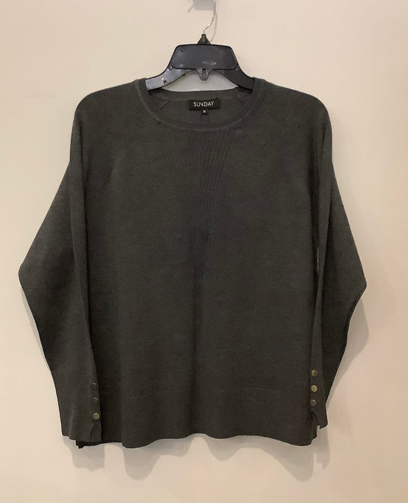 Grey Crew Neck, Button Cuff, Long Sleeve Sweater w/ Ribbed Detail by Sunday.