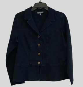 Stonewash Knit Jacket in Dark Denim. Features Brass Buttons, Peplum -Style Hem and Slit Pockets by Habitat
