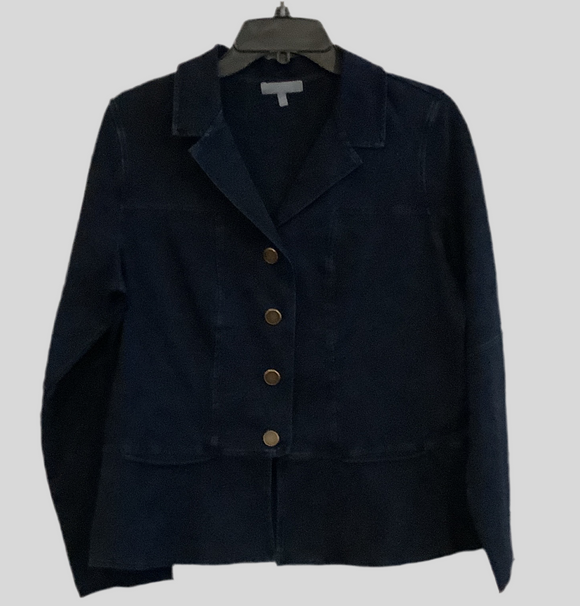 Stonewash Knit Jacket in Dark Denim. Features Brass Buttons, Peplum -Style Hem and Slit Pockets by Habitat