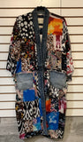 Boho Eclectic Patchwork Print, Long Jacket w/Recycled Vintage Denim Trim by Shannon Passero.