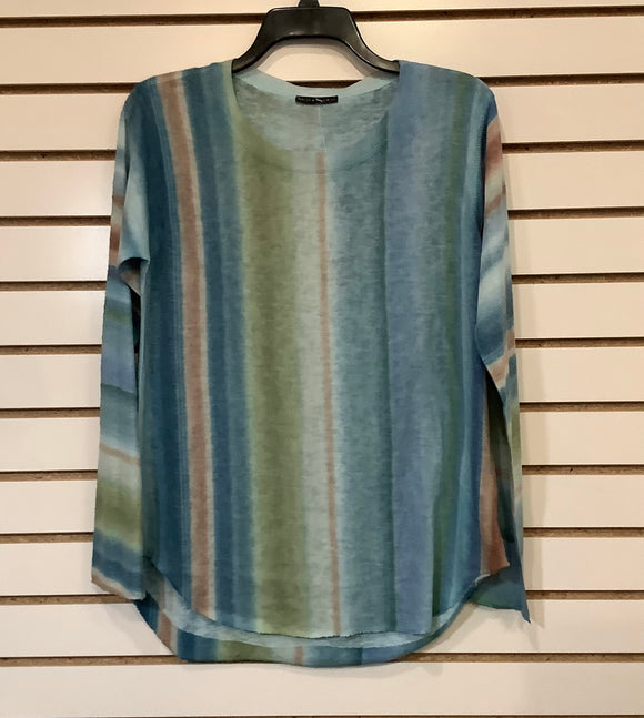 Blue/Green Stripe, Round Neck, Long Sleeve Shirt by Nallie and Millie.