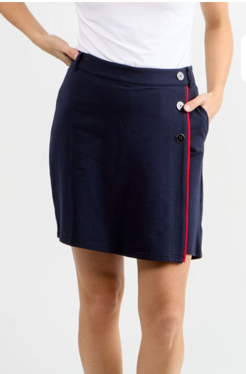 Navy Skort with Navy Button Detail and Red Trim by Orly.