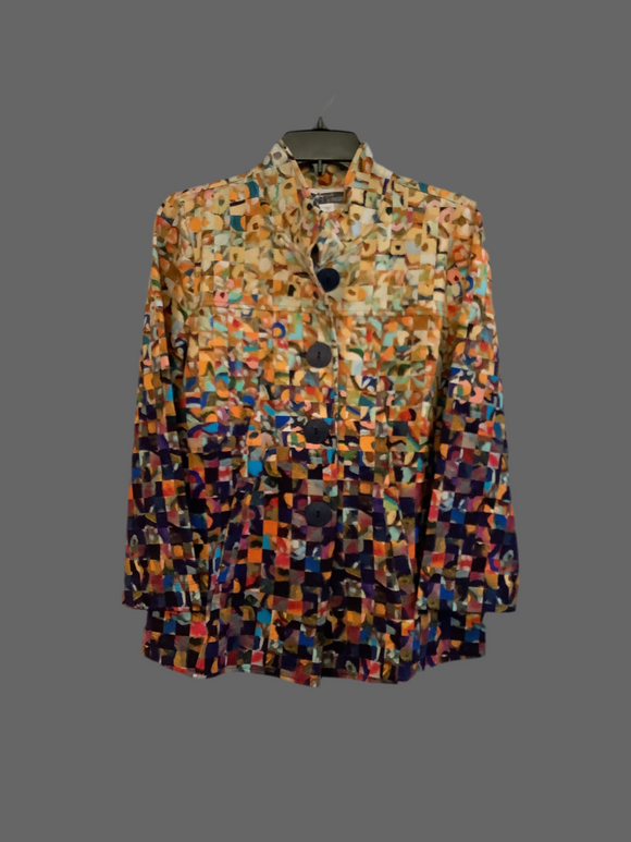Multicolored Graphic Knit Jacket in Shades of  Orange, Red, Blue and Black.  Features a Stand Collar, Button Front and Back Pleat by Dolcezza.