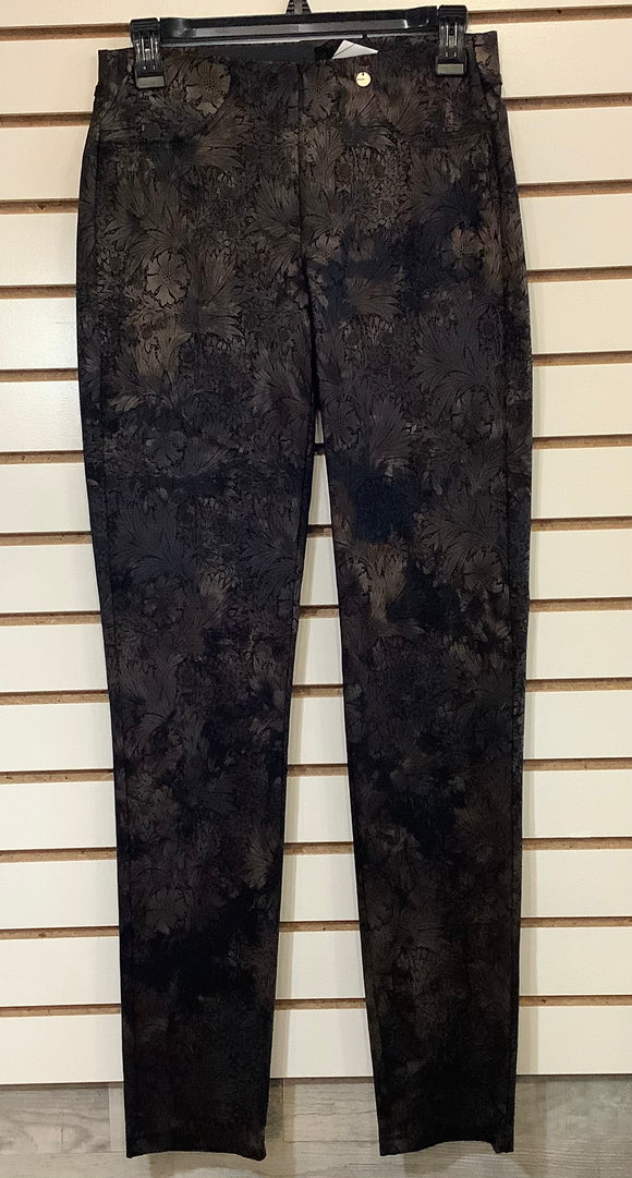 Black/Brown Muted Flower Print Pull-on ,Slim Leg Pant by Robell.