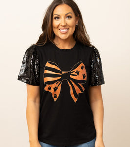 Black Round Neck, Knit Top w/Orange Glittered Bow and Ghost Accents,Black Sequined Short Sleeves by Southern Grace.